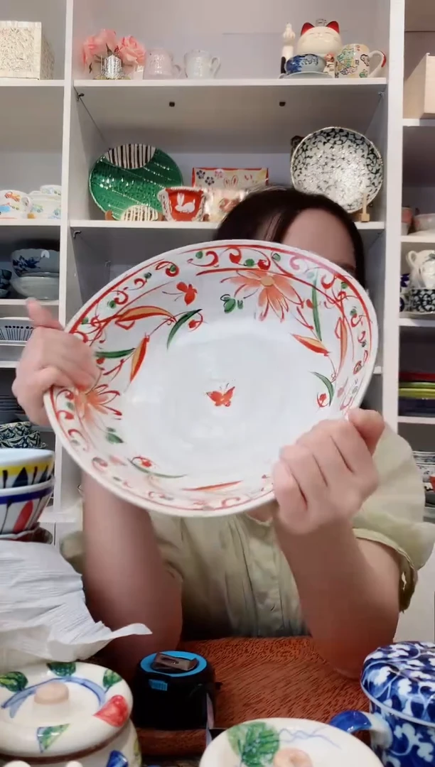 陶瓷【孤品】手绘赤绘花碟三足大钵