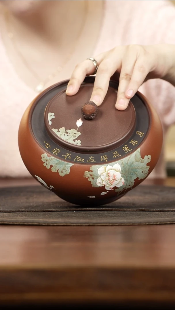 紫砂茶叶罐金鱼钮朱泥泥绘荷花白鹭茶叶罐