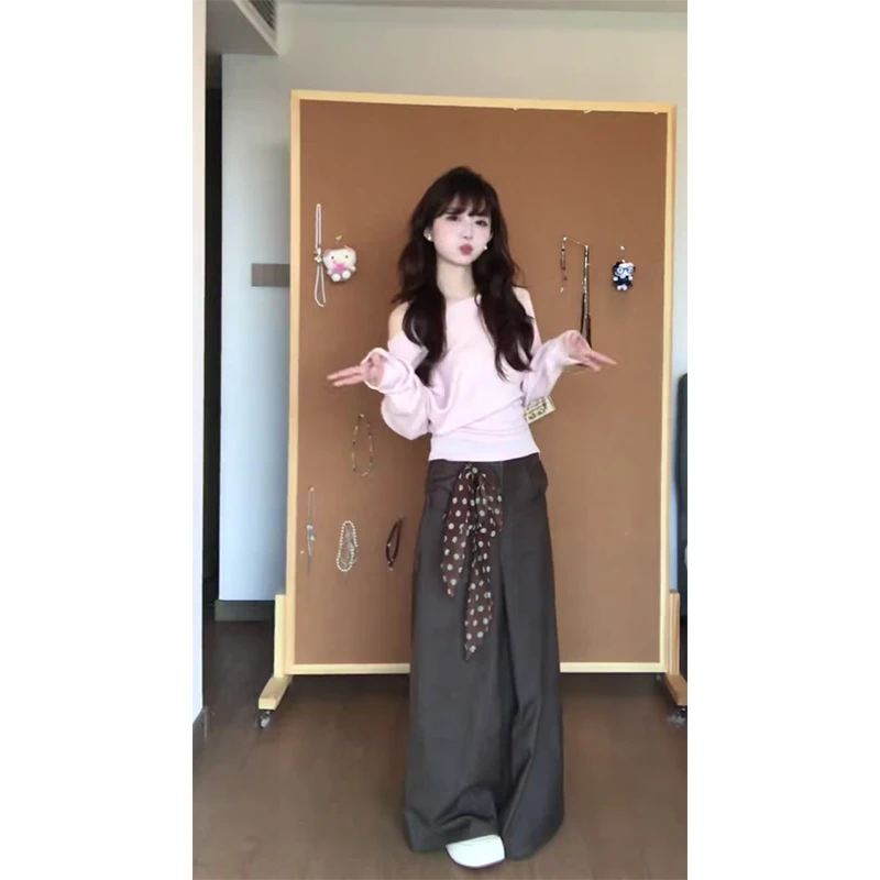 女生韩系ins衣服小众露肩长袖打底上衣高腰显瘦宽松阔腿休闲裤