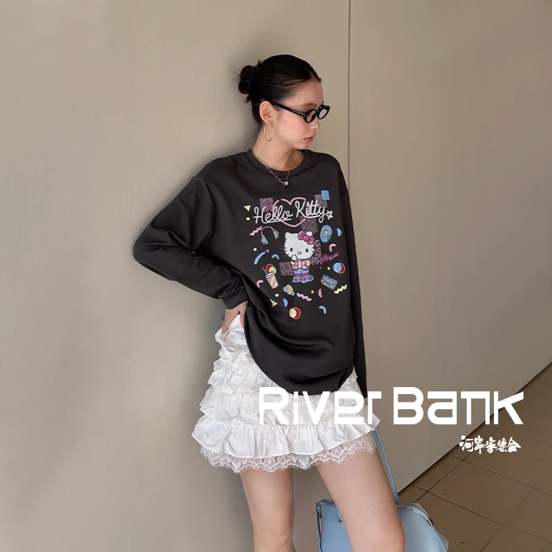 河岸家设计师YANGHAIYANG灰色礼物猫猫印花长袖T恤女25春夏