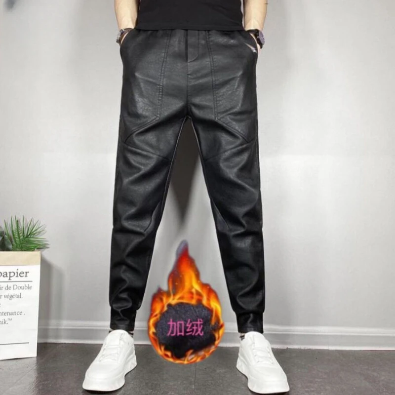 冬新款男士加绒加厚休闲弹力机车皮裤黑武士裤子防风防水保网红