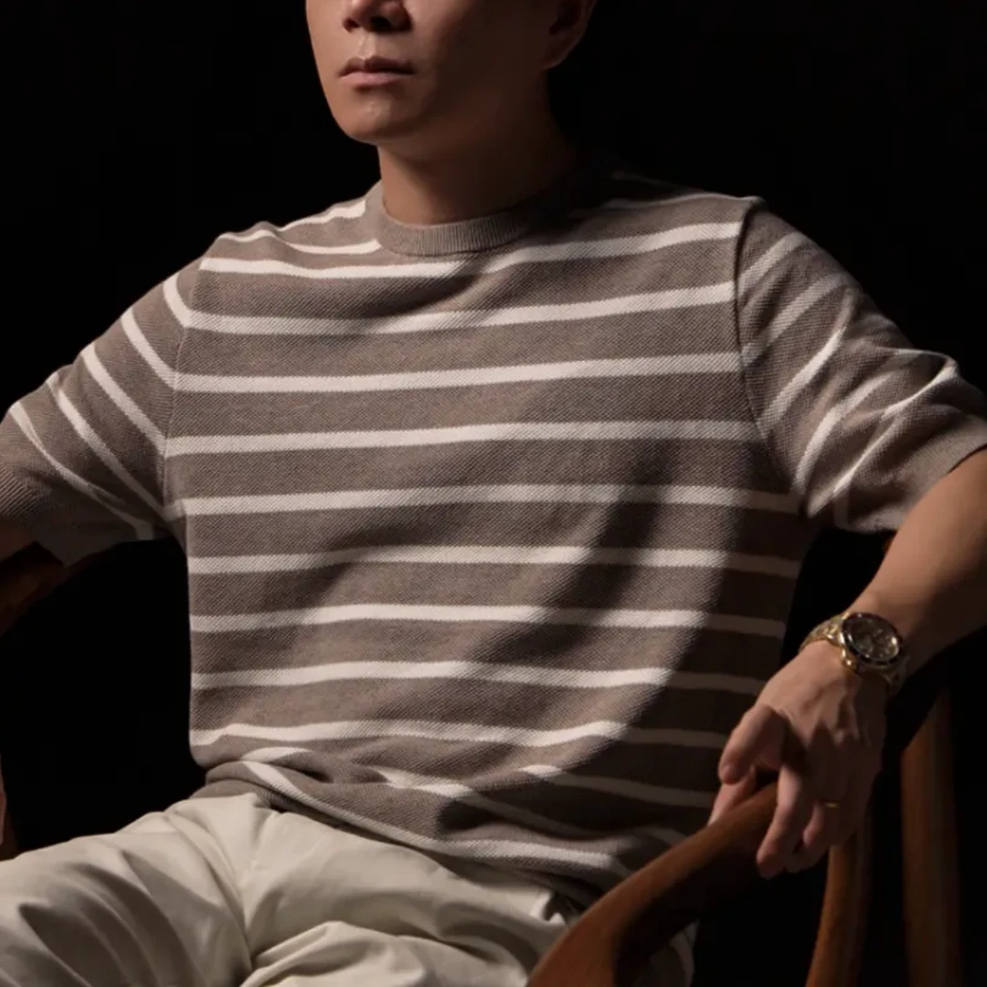 新款老钱风条纹撞色短袖针织衫商务休闲百搭轻奢舒适男女同款夏装