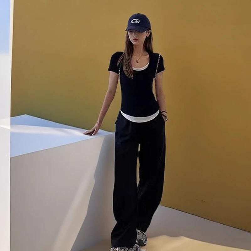 修身显瘦拼接假两件上衣时尚拼接U领短袖T恤潮百搭夏季短款-6601