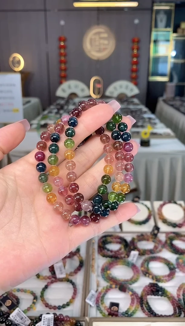 未镶嵌透体老矿碧玺彩虹三圈手串7mm+碧玺hon多样性发一条