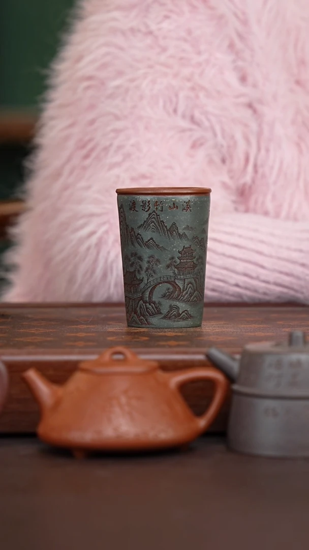 茶壶紫砂平台底槽青粉浆刻绘双色杯