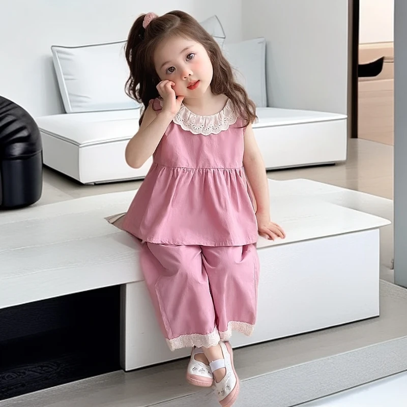 女童清凉花边套装新款炸街洋气时髦儿童宝宝夏装无袖阔腿裤两件棉