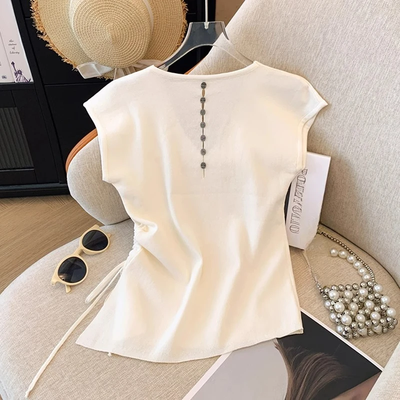 V领无袖针织衫上衣女2025年夏季新款不规则抽绳收腰背心小衫夏季