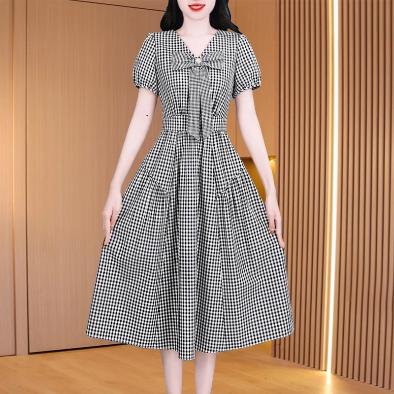 拉夏贝尔轻奢小众高级感女装法式格子连衣裙子2025夏季十三行爆款
