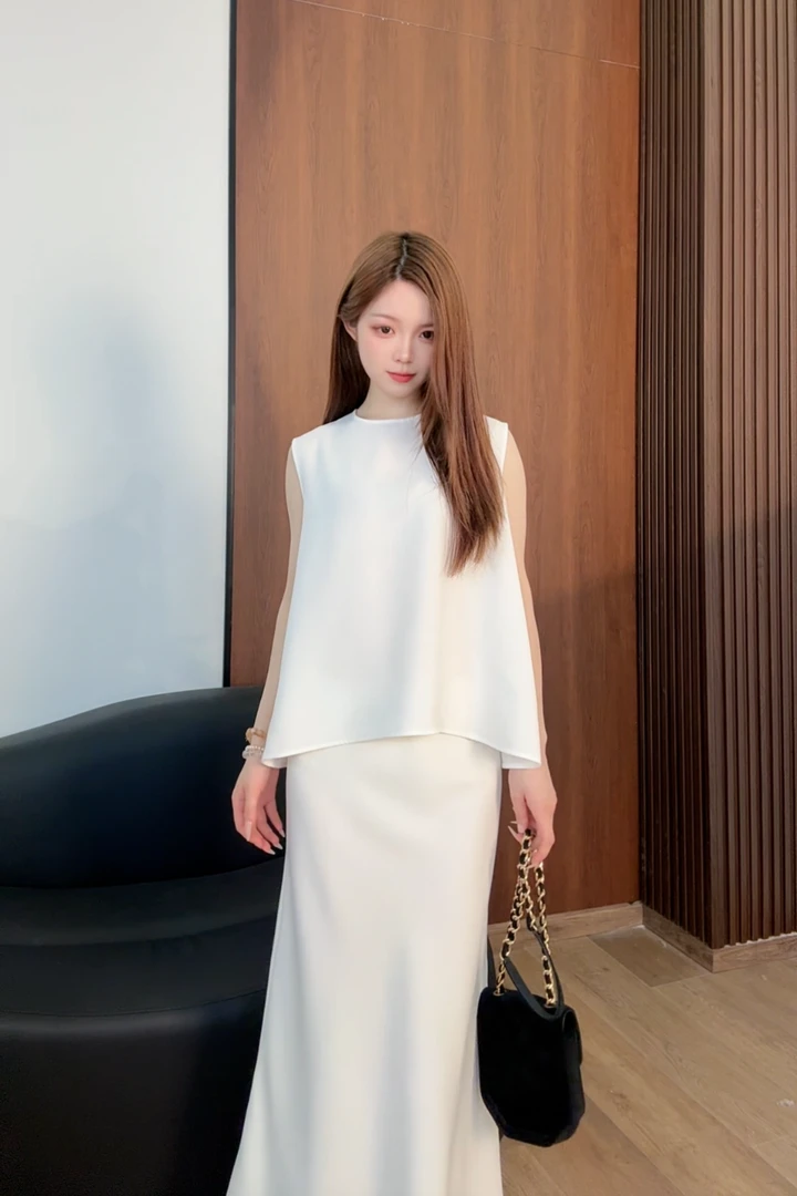 MR.LILI【白樱盛雪】百搭宽松无袖慵懒气质马甲+开叉半裙