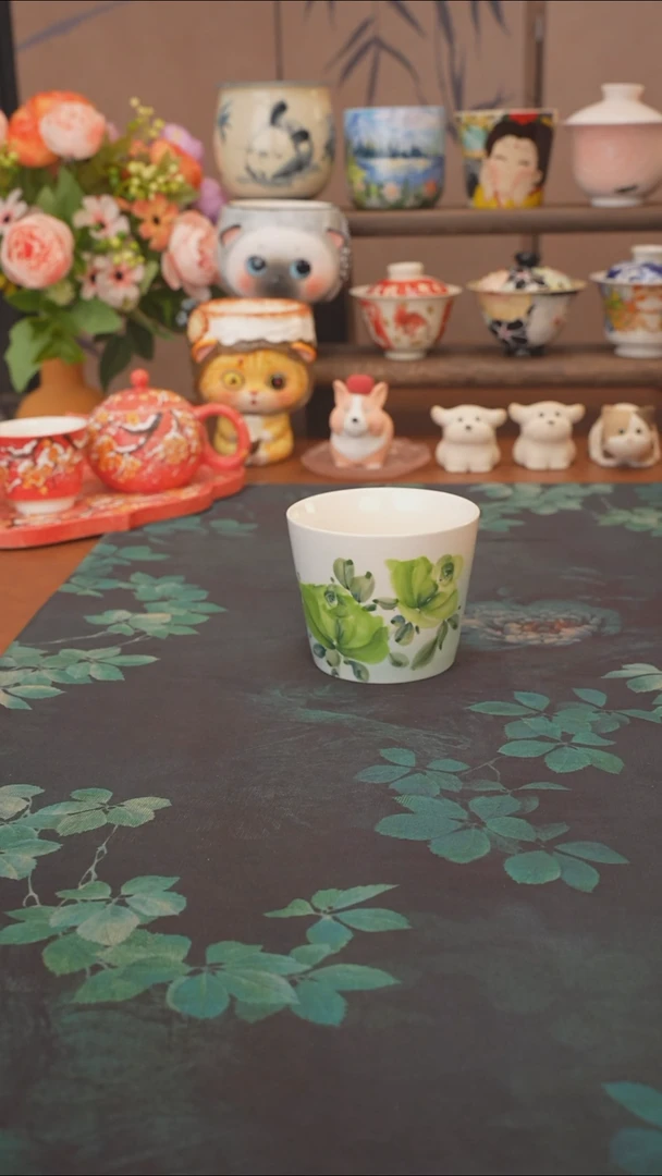 手绘  绿玫瑰猪口杯
