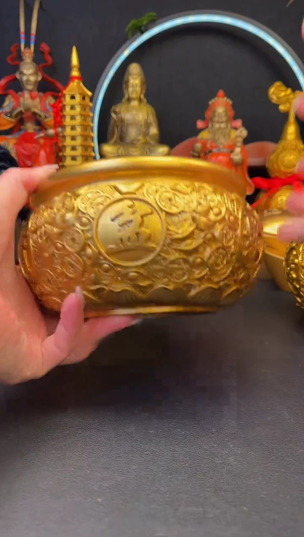 铜聚宝盆口径15直径17金钱聚宝盆