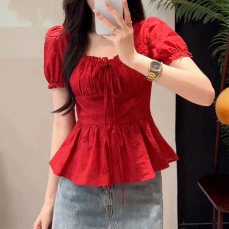 大码时尚漂亮小衫夏季甜美风短袖衬衫设计感百搭修身显瘦上衣