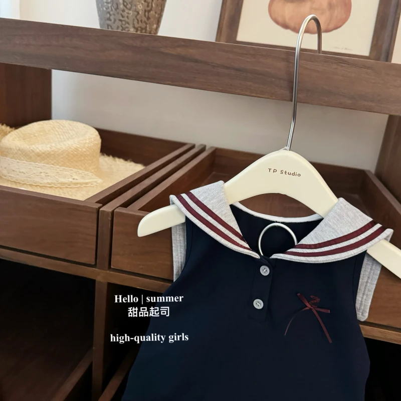 【甜品起司】德里学院!女宝宝海军领甜美学院风蝴蝶结背心百褶裙