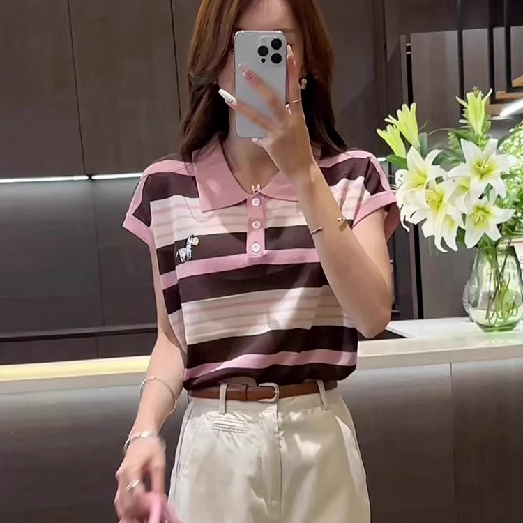 【80-180斤】POLO领小马刺绣条纹冰丝针织衫T恤女显瘦夏季新款上衣