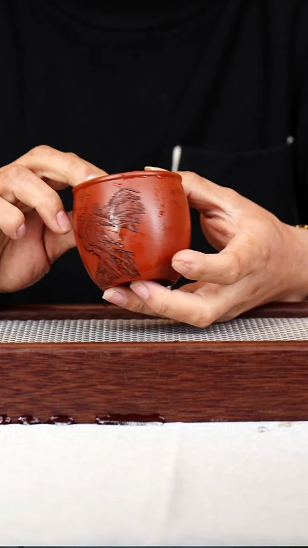 茶杯紫砂宜兴紫砂主人杯 手工刻礁砂 150cc 0081