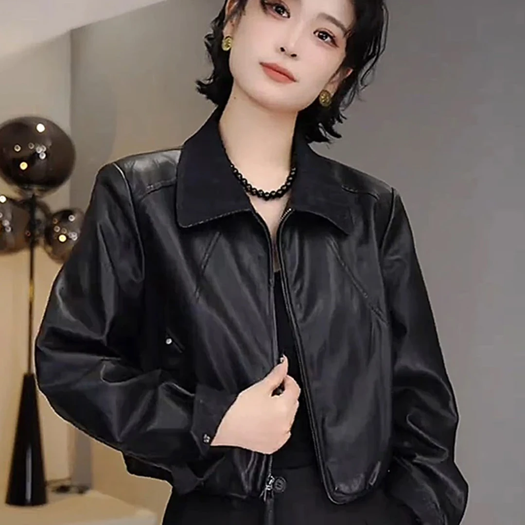 皮衣外套女2025秋季新款小众百搭短款小个子撞色翻领机车夹克上衣