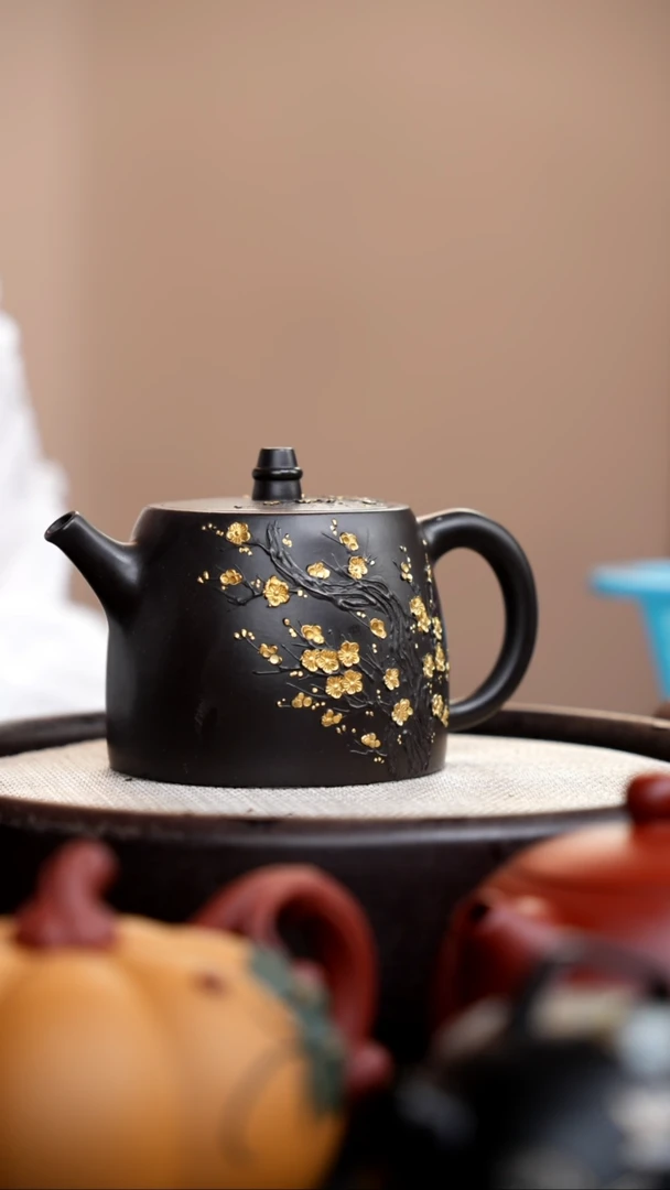 茶壶紫砂捂灰朱泥描金梅花汉铎