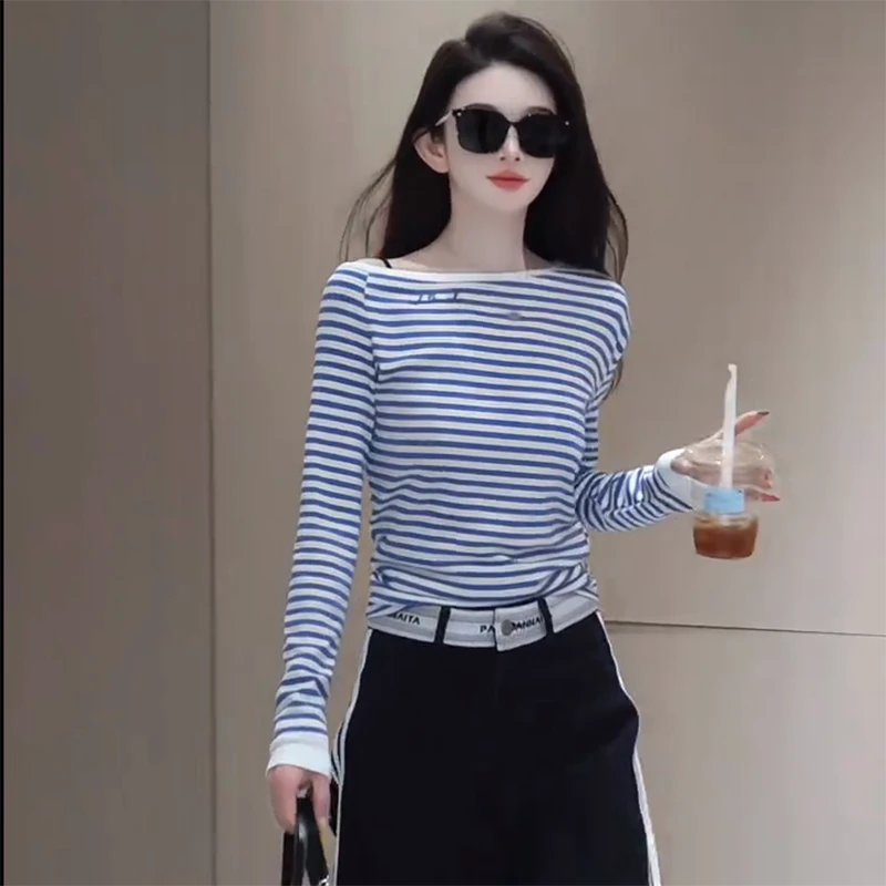 2025春季新款韩版时尚洋气减龄上衣设计感小众显瘦斜肩条纹T恤女