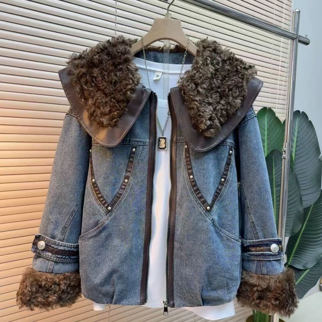 胖mm欧货时尚气质显瘦韩版水洗牛仔加绒973翻领拼接冬季外套