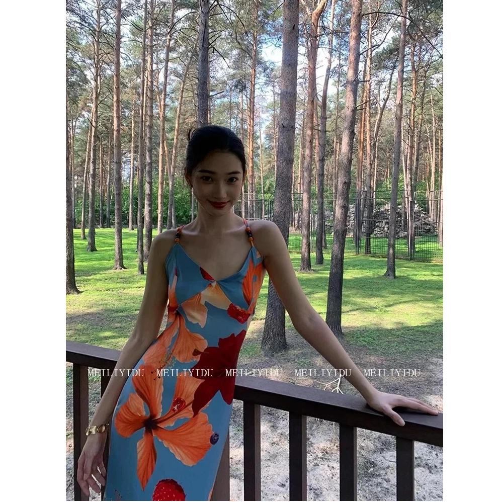 parkyeon海边度假风印花吊带连衣裙女绑带设计感收腰显瘦长裙