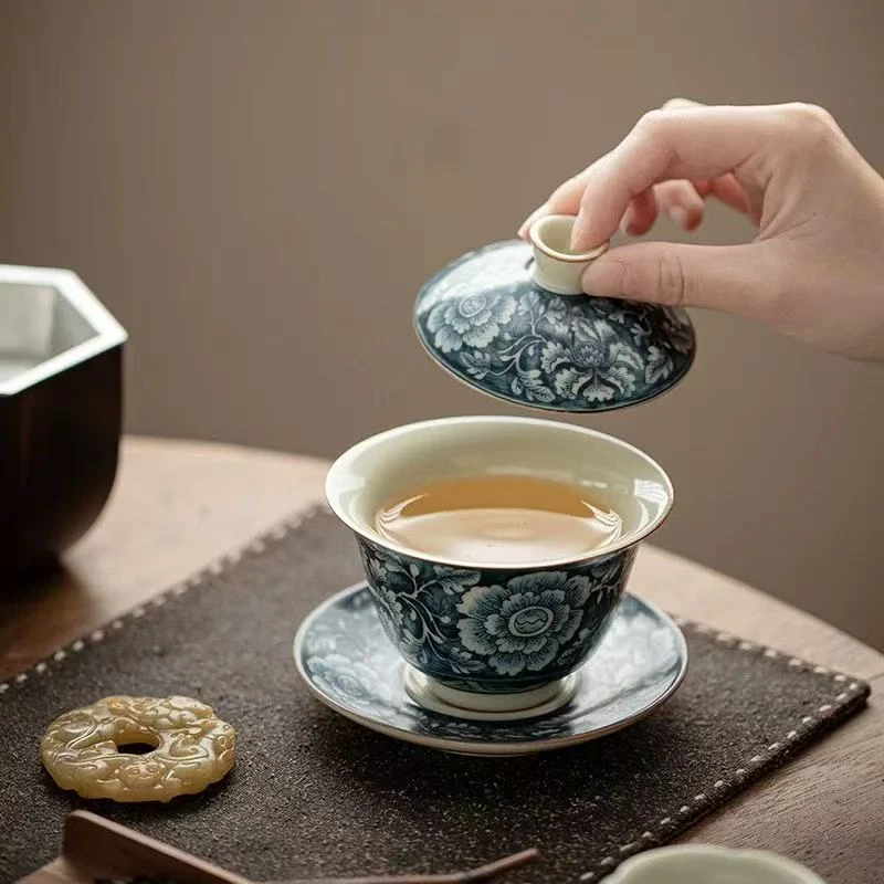 陶瓷家用牡丹万花三才盖碗A090