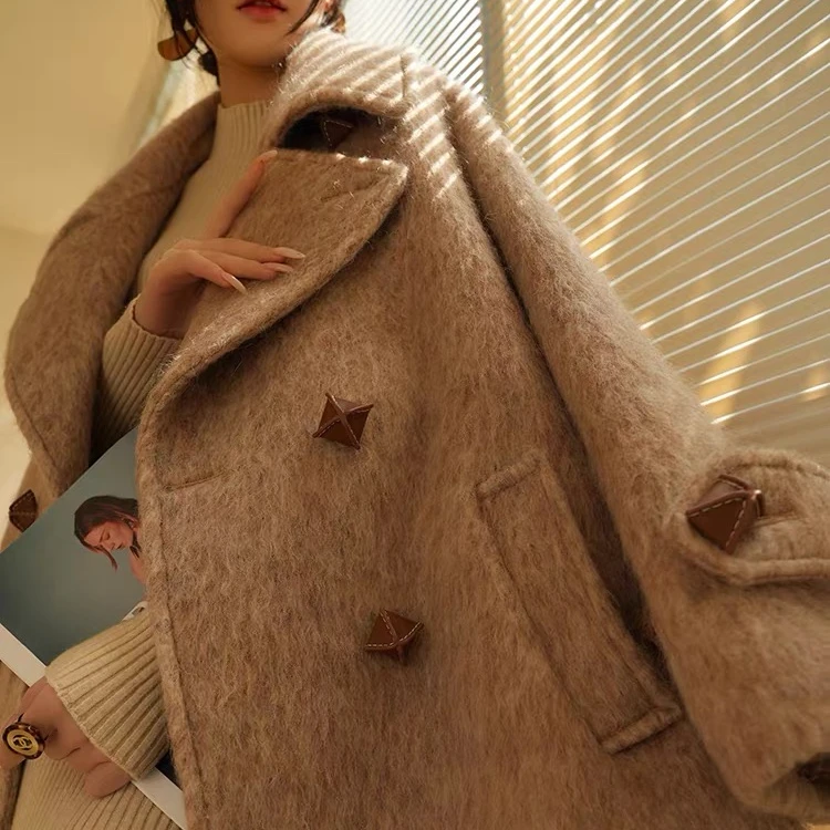 秋冬设计琥珀流光灰色牛角扣双面羊绒大衣呢外套女韩版呢羊毛