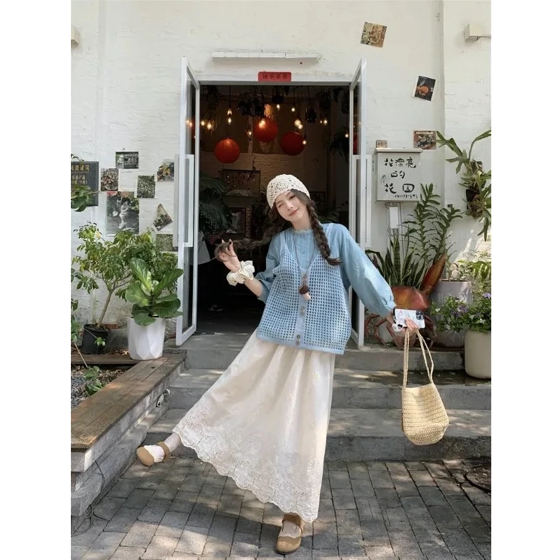 叠穿韩系气质套装女秋季2025新款镂空吊带蓝色长袖衬衫绣花半身裙