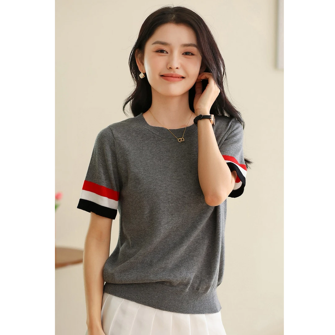 夏季100%纯棉精纺工艺拼接短袖时尚百搭针织女士宽松圆领简约休闲