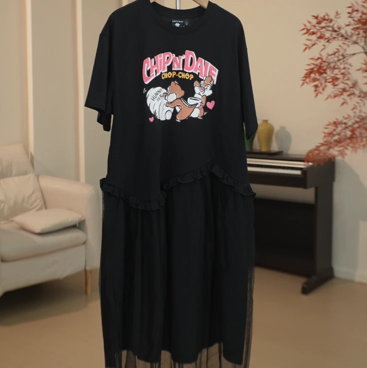 SM017 拼接T恤网纱下摆可爱松鼠印花连衣裙 7322114887