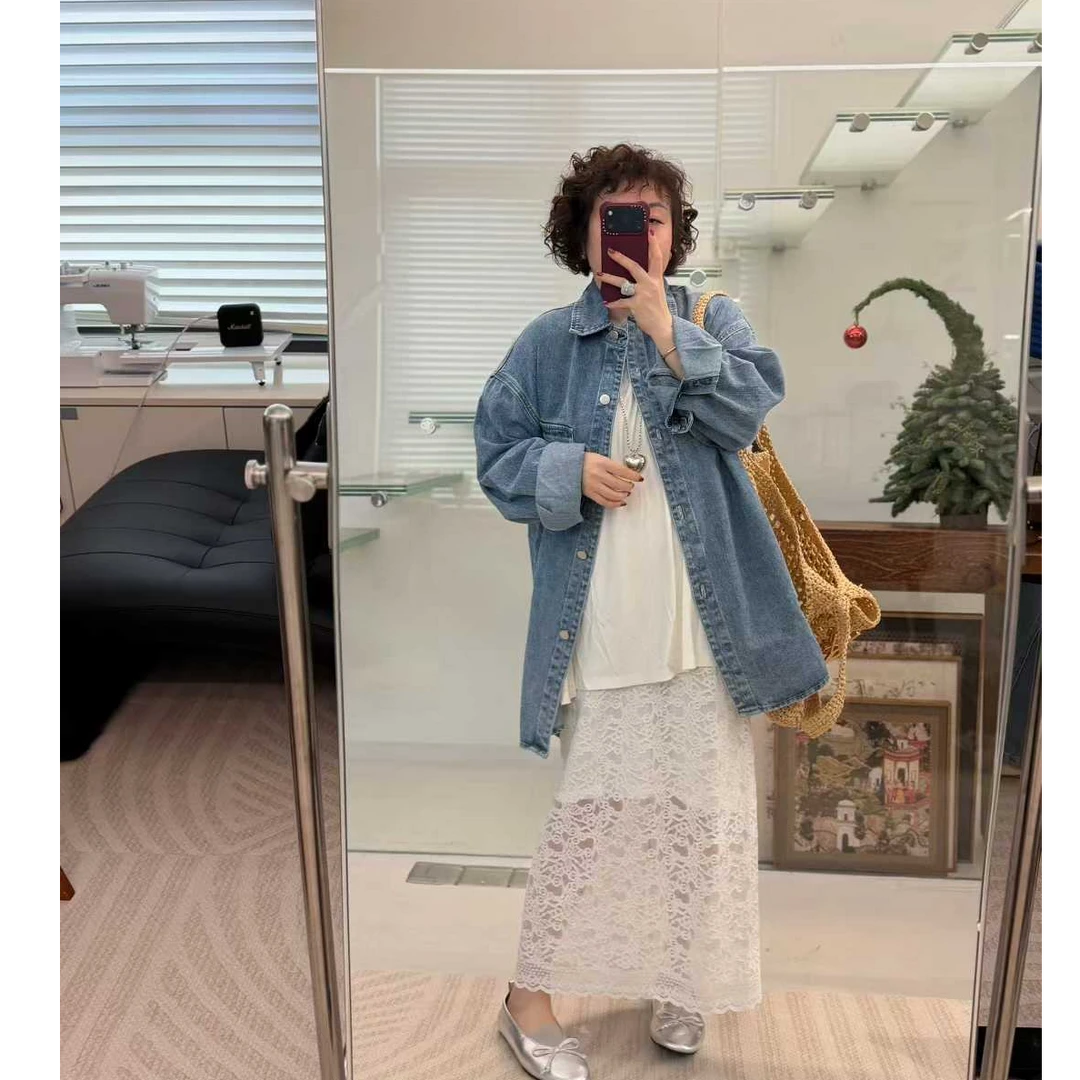MEET   春款百搭超长牛仔衬衣