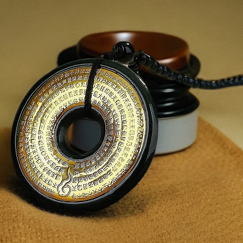 【徐凯专属】/含足金天然和田玉墨玉/天然玉石六字箴言平安扣项坠/