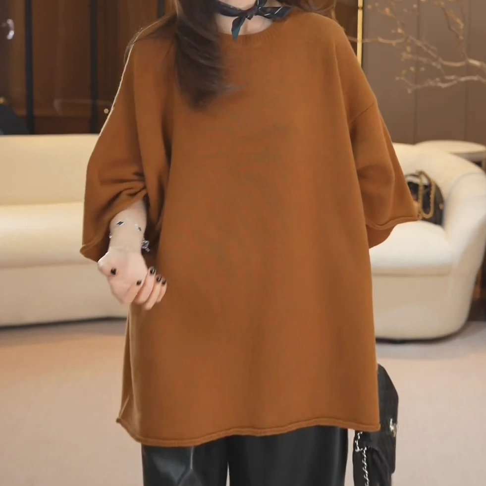 秋季高级感定制款橘棕色针织衫C5961