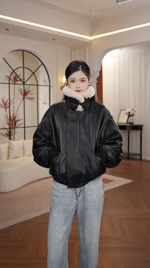 2025进口头层皮泡皮小羊皮山羊绒毛领设计时髦女皮鹅绒