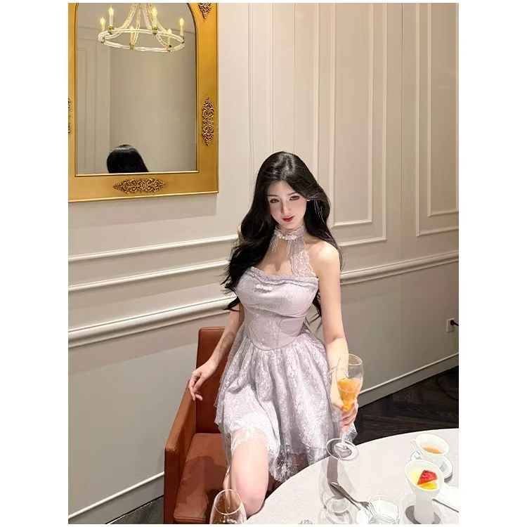 大码新中式挂脖蕾丝连衣裙女春短款裙子10999