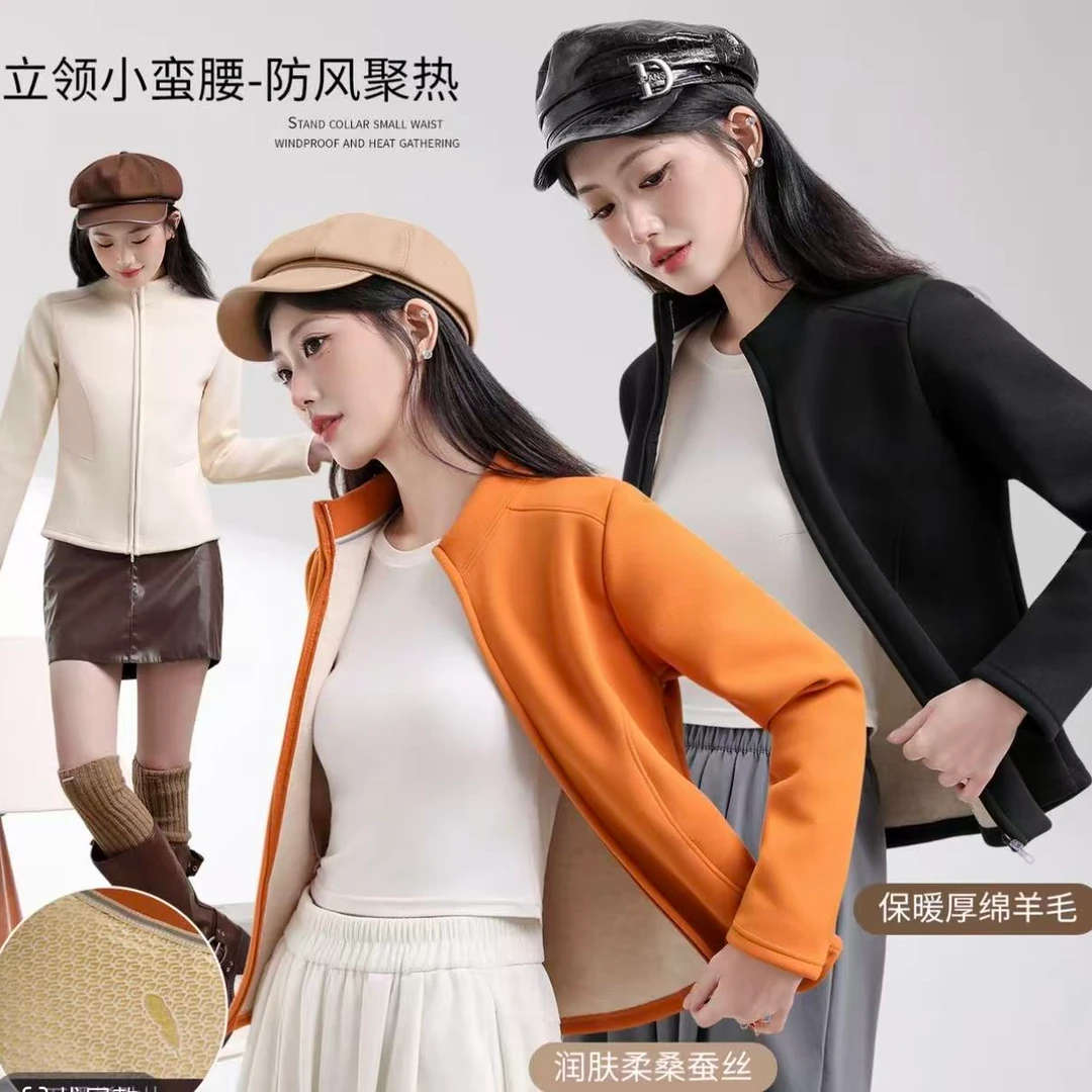 【加厚绵羊毛+桑蚕丝+蓄热贴片】石墨烯保暖双拉链显瘦鱼骨外套上衣