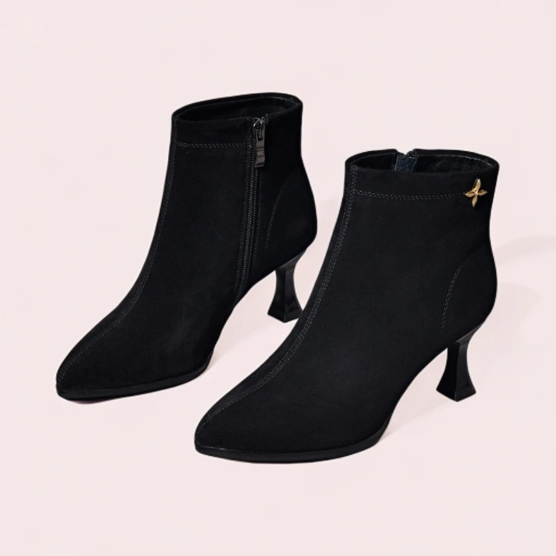 洋气真羊皮尖头细跟百搭黑色靴网红瘦瘦女靴秋冬气质时尚高跟冬季