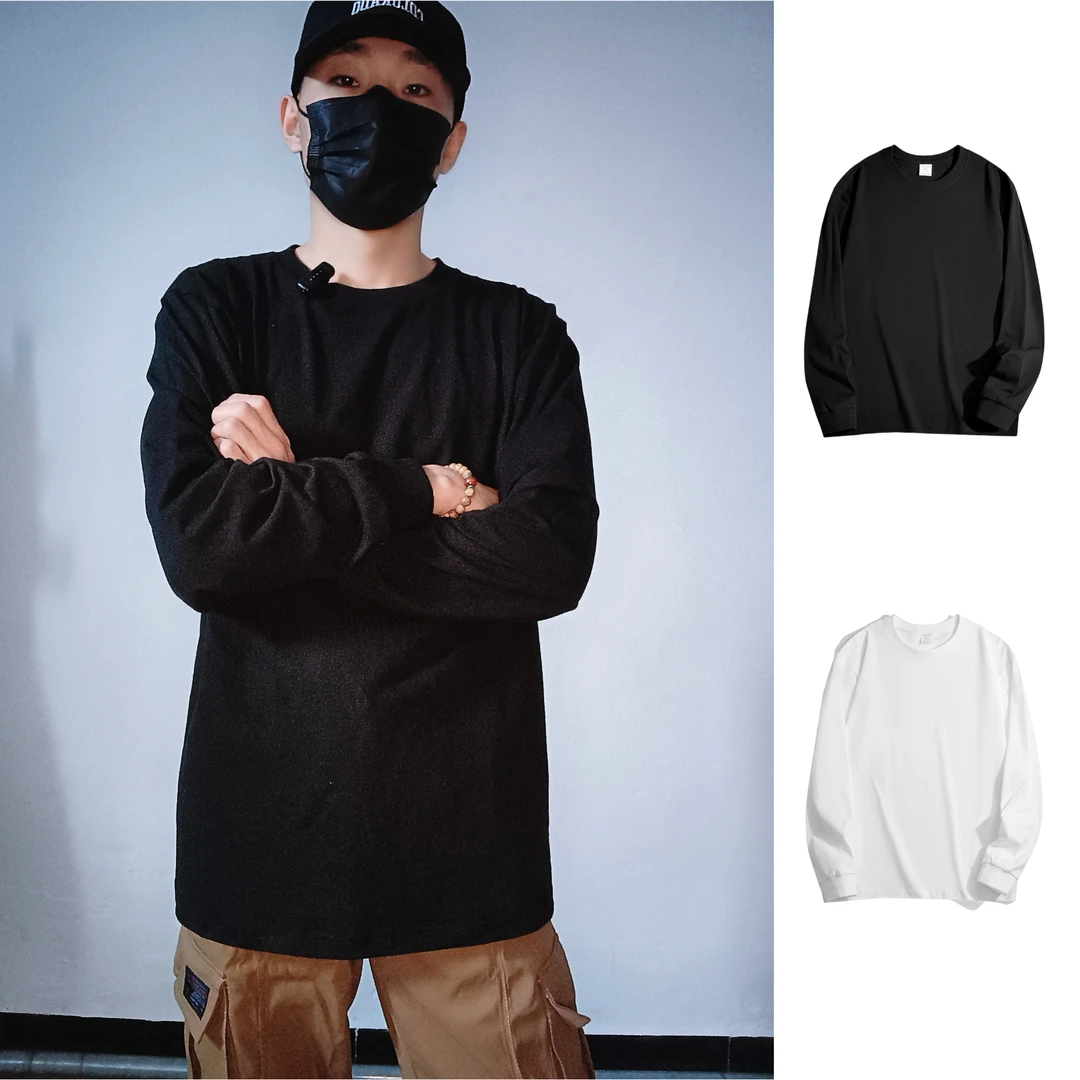 【重磅450g纯棉长袖体恤】宽松型厚款长袖青年圆领T恤打底衫纯色