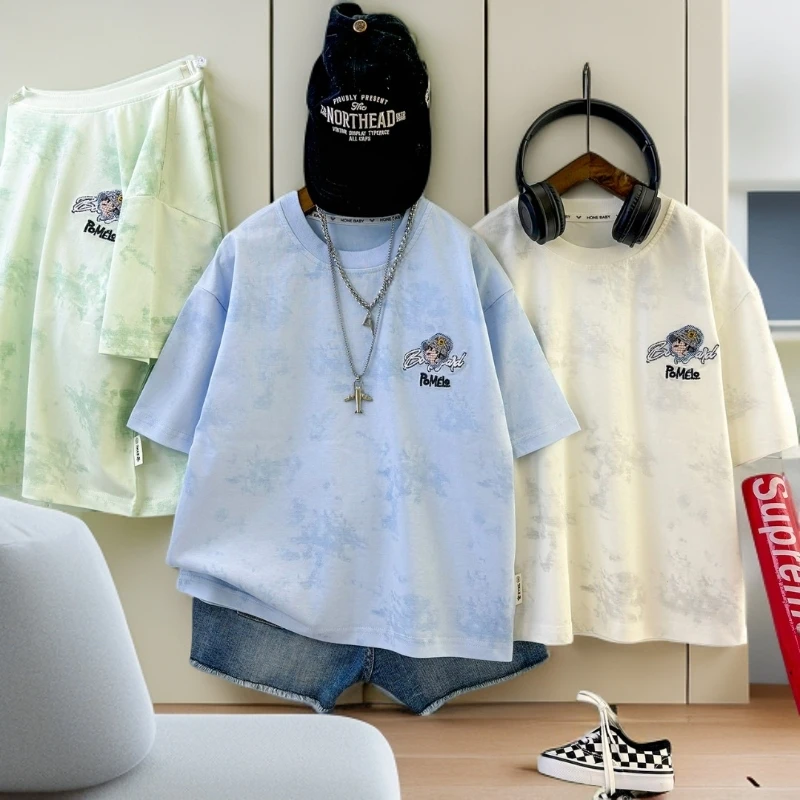 夏季男童新款短袖T恤2025潮款扎染刺绣工艺宽松时尚韩版休闲百搭