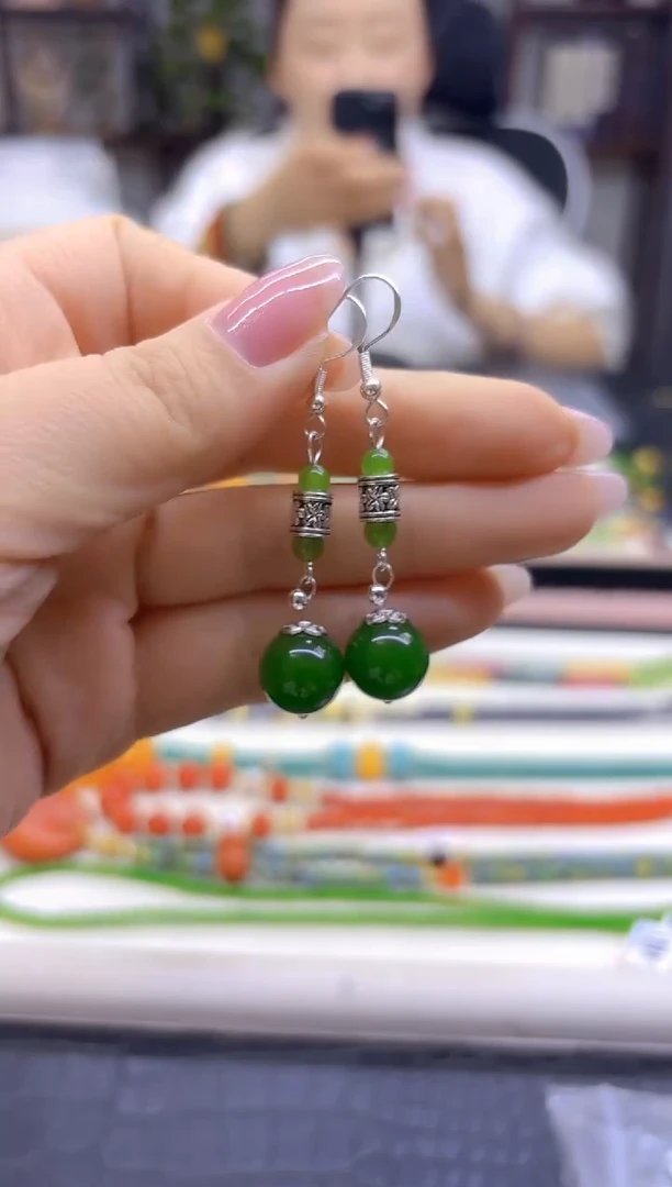 银S925镶嵌和田玉耳饰DIY款E877