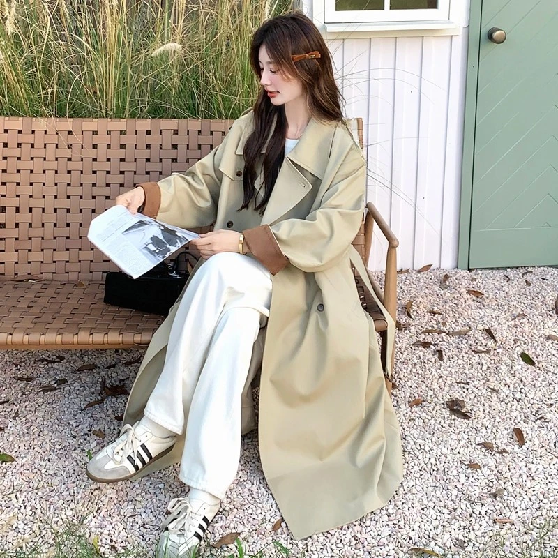 设计感长款风衣外套女秋季英伦风宽松过膝双排扣系带收腰卷边插袖
