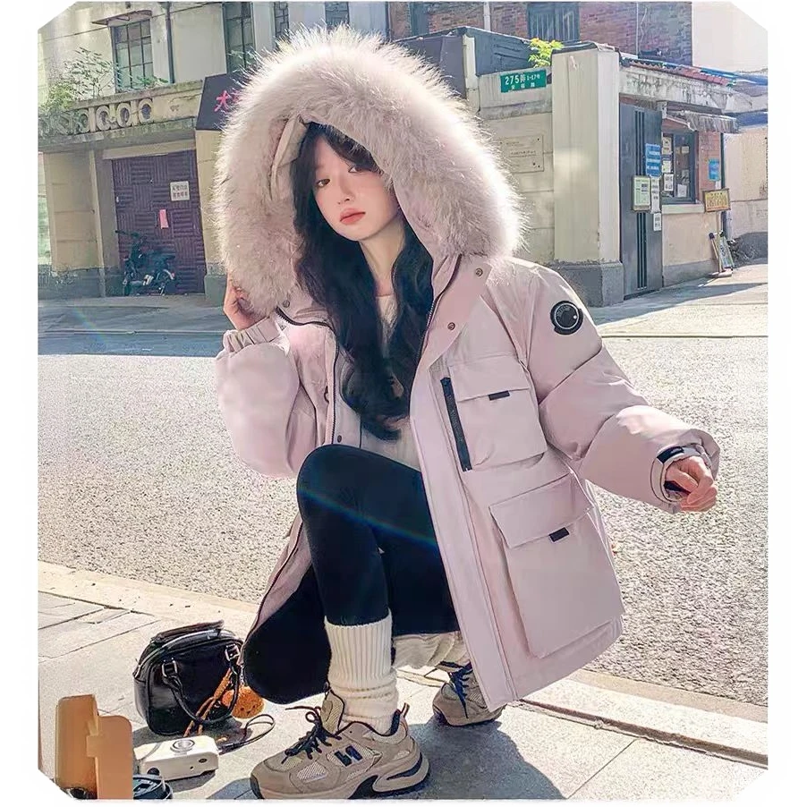 冰晶紫色棉服女派克服2025新款冬季加厚工装大毛领棉衣外套面包服