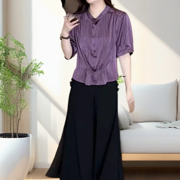 时尚气质短袖衬衫女士夏季新款收腰显瘦衬衫宽松遮肚冰丝缎面上衣