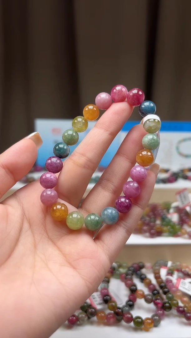 未镶嵌手串碧玺9.3mm艳丽彩虹色高阶油画体碧玺单圈手串