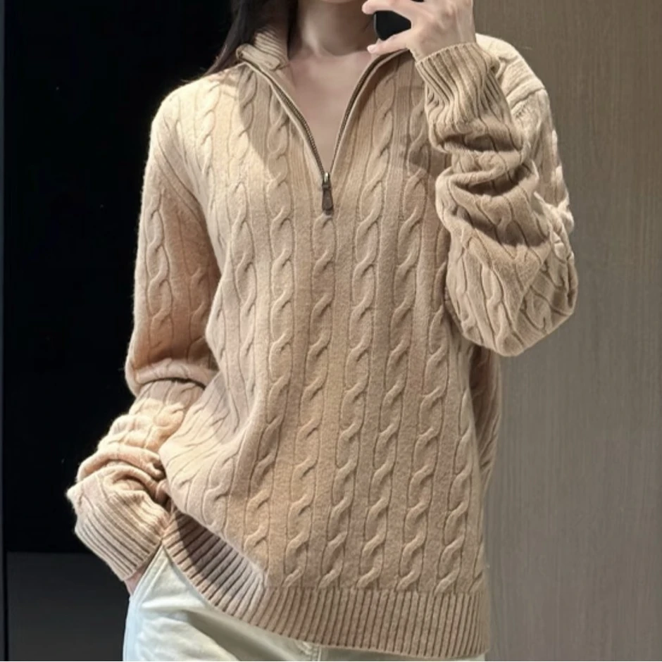 羊毛羊绒半拉链针织长袖刺绣秋季衫时尚冬季宽松套头-新