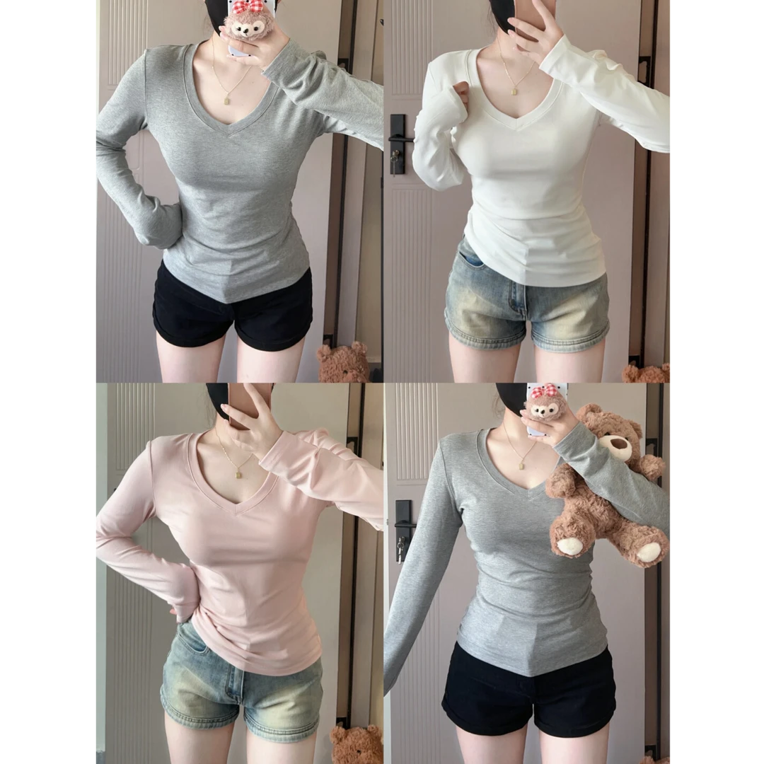 【好穿一整季】闭眼入！嗲嗲纯欲v领打底长袖T恤女秋季新款修身上衣