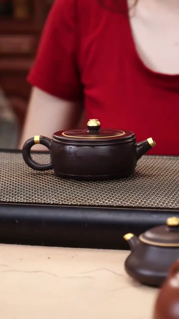茶壶紫砂四号井茄皮紫泥描金玉鼓井栏150cc