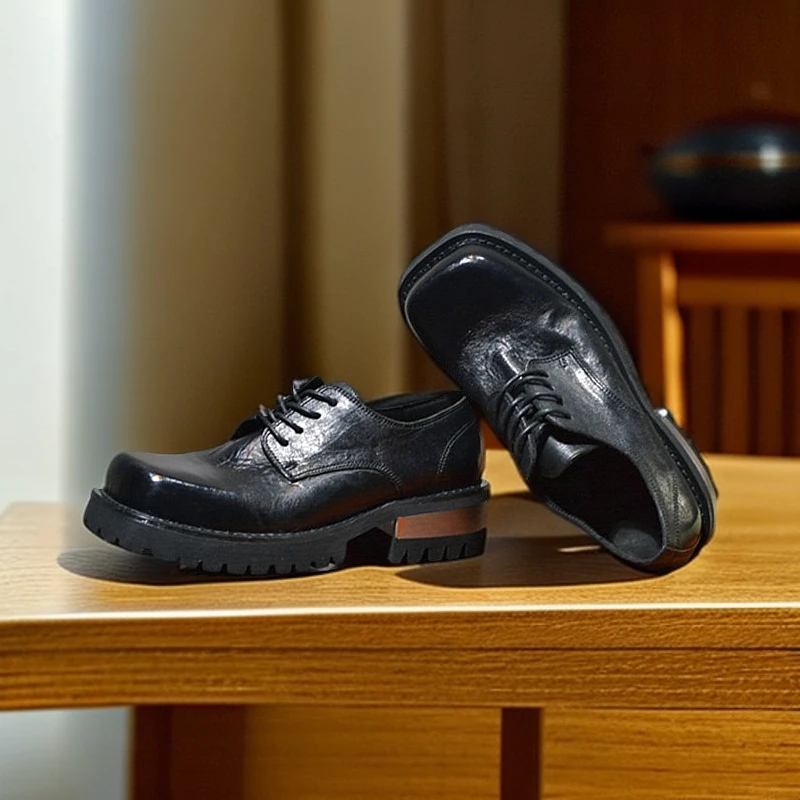 时尚马皮水洗暗黑方头德比鞋新款厚底英伦风系带小皮鞋复古单鞋女