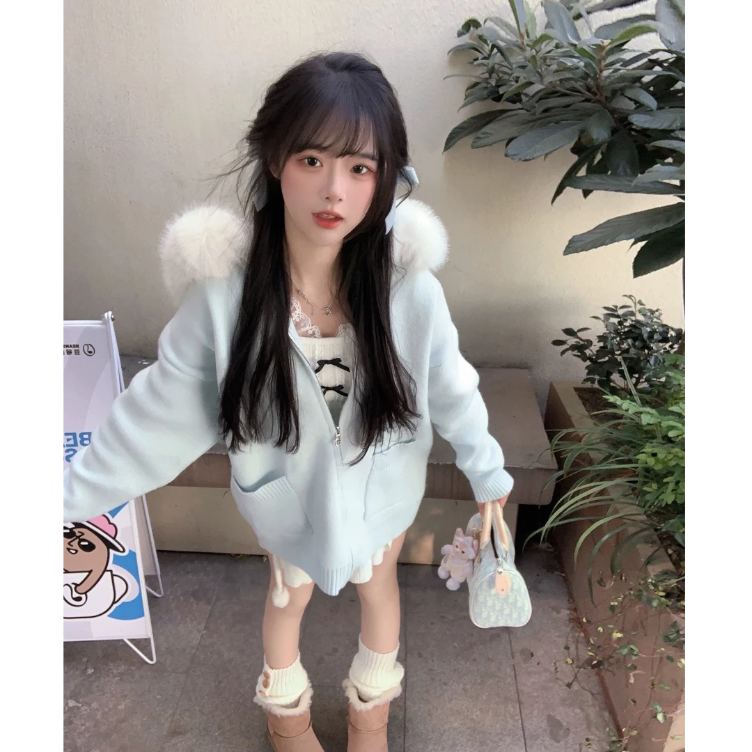 1122韩版慵懒针织连帽毛领口袋针织开衫宽松时尚纯色长袖秋冬外套