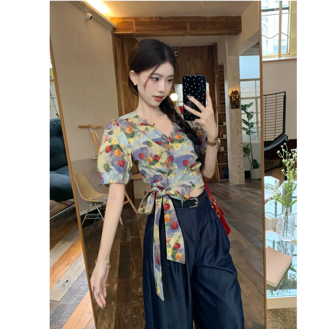 绑带设计港味花朵印花短袖衬衫夏季女夏新款复古度假风上衣休闲女