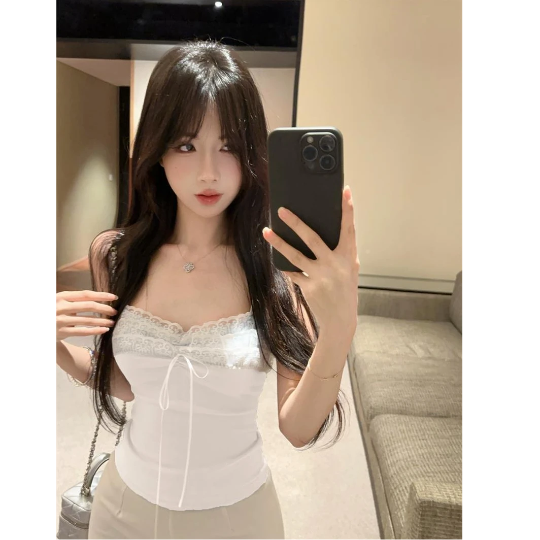 春夏蕾丝花边拼接纯欲辣妹短款修身背心吊带胸垫女设计感无袖上衣
